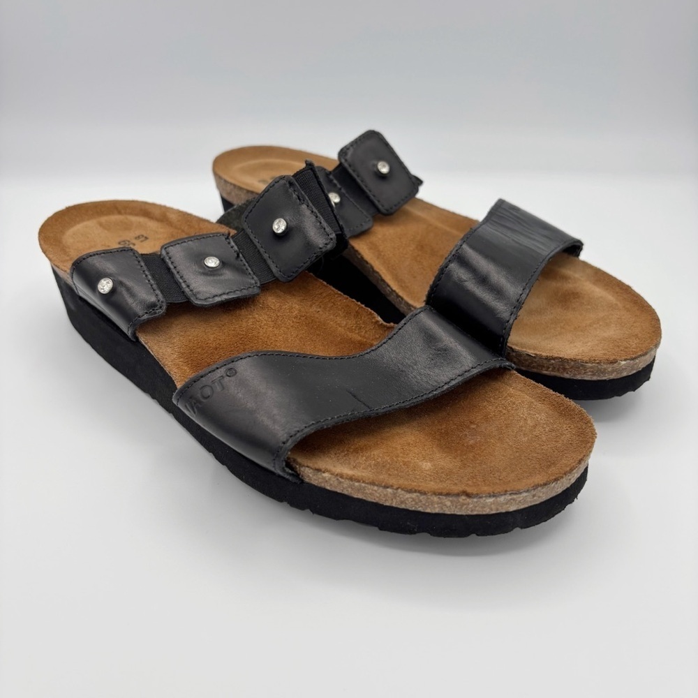 Naot Ashley Black Madras Leather Slip On Sandals Sz EU 39 US 8